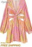 Yipinpay Print Cut Out Dress Woman Short Chiffon Dress Women 2023 Slit Boho Long Puff Sleeve Summer Dresses Beach Sexy Party Dresses