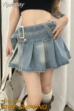 Yipinpay Pleated Denim Mini Skirt Women Vintage Y2k Summer Sexy Slit Belt Patchwork Low Waist Jean Skirt Casual Korean Streetwear