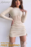 yipinpay See Through Mesh Women Chic Fashion Summer Long Sleeve Ribber Knitted Y2K Mini Dress Sexy Party Club Casual Dress 2023
