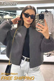 Yipinpay TRAF Woman Bomber Jackets for Women 2023 Autumn Stand Collar Coats Female Front Zipper with Pockets Ladies New Outerwear