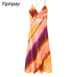 Yipinpay Elegant Women Print Mid-Calf Camisole Dress 2023 Summer V-neck Party Backless Vestidos A-Line Sleeveless Dress Outwear