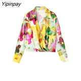 Yipinpay Women Tie Dye Print Pants Suits 2023 New Shirt With High Waist Zipper Pants 2 Piece Sets Elegant Office Lady Outfits