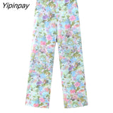 Yipinpay Women Spring Summer Thin Print Blazer Suits Sets 2023 Fashion Silk Satin Double Breasted Jacket Casual Wide Leg Pants
