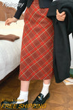 Yipinpay Y2k High Waisted Red Midi Skirts For Women Fashion Khaki Grey Bottoms Winter Woolen A Line Plaid Mini Skirt Hip Female