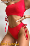 Yipinpay Women Swimsuit 2023 One Shoulder Swimwear Red Bikini High Waisted Bikini Set Beachwear Bathing Suit Swimming Suits Bikini