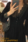 Yipinpay Vintage Dress Women Lace Velvet Black Elegant Party Dress Female Autumn 2023 High Waist Long Sleeve Midi Gothic Dress