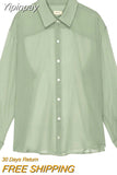 Yipinpay Shirt for Women Harajuku Autumn Clothes 2023 Long Sleeve Vintage y2k Button-Down See-Through Loose Shirt for Ladies