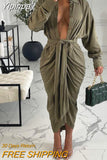 Yipinpay Women Solid Casual Chic Button Sashes Long Sleeves Shirring  Maxi Sexy Dresses