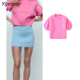 Yipinpay Ladies Autumn Solid Knitted Soft Sweater 2023 Fashion O-neck Pullover Tops Short Sleeve Pink And Yellow Casual Streetwear