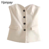 Yipinpay Ladies Solid Blazer Sets 2023 Pretty Strapless Single Breasted Tops Straight Trousers Basic Zipper Pants Causal Suits