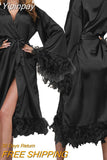 Yipinpay Women Feather Patchwork Trim Bathrobe Nightwear Solid Color Casual Soft Long Sleeve Robe Sleepwear Ladies Loungewear