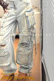 Yipinpay Heavy Industry Multi-Pocket Washed Cargo Pants Women Y2K Vintage Streetwear High-Rise Loose Oversized Straight-Leg Jeans