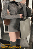 Yipinpay Autumn Korean Suit Sexy Bodycon Mini Skirt + Long Sleeve Solid Short Sweater Woman Knitted 2 Piece Dress Set Retro Casual