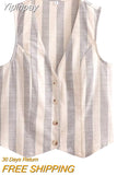 Yipinpay Fashion Striped Women's Vest 2023 Summer Female V-Neck Casual Sleeveless Vest Tops Ladies Chic Elegant Single-breasted Top