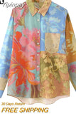 Yipinpay Patchwork Print Shirts And Blouses For Women Vintage Button Up Shirt Women Asymmetric Long Sleeve Top Female Summer Tops