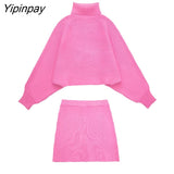 Yipinpay Elegant Pink 2 Piece Knitted Sweater Skirt Set 2023 Vintage Soft Turtleneck Batwing Sleeve Female Casual Skirt Lady Suit