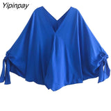 Yipinpay Women's Suit Batwing Sleeve Blouse With High Wasit Pants 2 piece Sets 2023 Womens Outfits Loose Elegant Office Ladies Sets