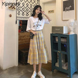 Yipinpay New Spring Summer Women Skirt Oversize Korean style A-line Harajuku Yellow plaid Long skirts High Waist female skirts
