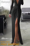 Yipinpay New Plus Size Solid Color Dress Female Summer Fashion Sexy Slit V-neck Long-sleeved Solid Slim Pleated Dress