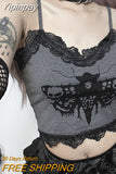 Yipinpay Emo Print Crop Top Y2k Goth Clothes Lace Trim V Neck Backless Camis Fairy Grunge Graphic Tank Tops