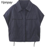 Yipinpay Fashion 2023 Summer Solid Blouse Pants Sets Casual Short Sleeve Turn Down Collar Shirts Pockets Cargo Pants Outwear