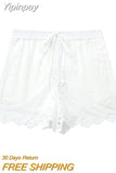 Yipinpay Fashion Embroidery Women's Shorts 2023 Summer Female Hollow Out White Short Ladies Chic Casual Loose Lace Up Shorts New In