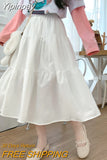 Yipinpay Kawaii Black Long Skirts Women Lolita White Patchwork High Waisted Midi Skirt Autumn Japanese Soft Girl Preppy Style