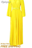 Yipinpay Flare Sleeve Pleated Dress For Women Fashion Solid Deep V-Neck Maxi Dresses 2023 Trend Chic Evening Party Vestidos
