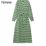 Yipinpay 2023 Women Geometric Dresses With Belt Spring Summer Elegant Turn Down Collar Mid-Calf Dresses A-line Long Sleeve Vestidos