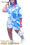 Yipinpay Two Piece Set Women 2023 Dashiki African Tie Dye Shorts Sets Oversized Shirt High Waist Shorts Mujer Matching Sets Outfit