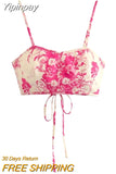 Yipinpay Print Crop Top Woman Summer Pink Sexy Tops For Women 2023 Sleeveless Backless Floral Top With Straps Streetwear Corset Tops