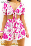 Yipinpay Women All Over Print Short Sleeve Top & Drawstring Shorts Set 2023 Fashion New Shorts Suit Female Casual Office Clothing
