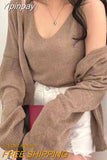 Yipinpay Sweater Women Tanks Ice Silk Top Camis Solid Casual Vest Korean Fashion Cropped Cardigan Sueters Mujer 2 Piece Set
