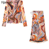 Yipinpay Elegant Women Tulle Printed Skirts Suits Folds Tops Bow Mid-Calf Skirts Sets Long Sleeve Shirt Blouse 2023 Spring Autumn
