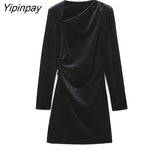 Yipinpay 2023 Autumn Ladies Velvet Mini Dresses Elegant Diagonal Collar Folds Dresses Vintage Simple Long Sleeve Vestidos