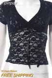 Yipinpay MO Women Summer Sexy Lace V Neck See Through Crop Tops Shortsleeve Bandage Slim T-shirt Tee Party Club Girls Sexy Vest