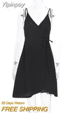 Yipinpay Spaghetti Strap Sexy Summer Sundress Lace-Up Women Wrap Dress Home Wear Casual V-Neck Night Dress Sleepwear Female