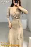 Yipinpay Piece V Neck Slim Bandage Waist High Black Pleated Dress Women Long Wild Sexy Knit Dress Casual Sweater Autumn Solid Retro