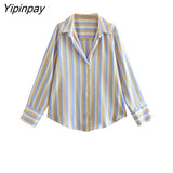 Yipinpay Fashion Ladies Striped Blouses Shirt 2023 Summer Causal Turn-Down Collar Tops Vintage Single Breasted Loose T-Shirts