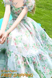 Yipinpay Summer French Elegant Floral Midi Dress Woman Puff Sleeve Vintage Fashion Dress Office Lady Beach Style Party Sundress Chic