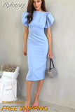 Yipinpay Elegant Blue Bodycon Dresses Women Puff Sleeve Ruched Long Dress Round Neck Office Ladies Split Dress Summer 2023