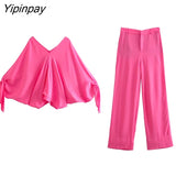 Yipinpay Women's Suits Fashion Batwing Sleeve Blouse + Long Pants 2Pcs Sets 2023 Casual Tops Outfits Elegant Office Ladies Sets