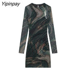 Yipinpay 2023 Women Mini SexyTulle Dresses Spring Summer Elegant Party Sheath Slim Dress Long Sleeve O-Neck Vestidos