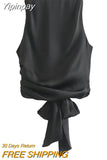 Yipinpay Black Crop Top Women Satin Backless Top Female Y2k Streetwear Sexy Tops Woman Fashion Tied Sleeveless Tank Tops For Women