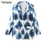 Yipinpay Women Spring Summer Tie-Dyed Thin Blazer Suits Sets 2023 Silk Soft Long Sleeve OL Jacket Wide Leg Print Pants Sets