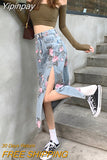 Yipinpay Fashion Denim Long Skirts For Womens Summer Blue High Waist Raw Edge Slit Vintage Washed Printing Korean Style Casual Skirts