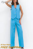Yipinpay Office 2 Pieces Sets Elegant Cotton Linen V-Neck Sleeveless Button Vest Outfit Summer High Waist Wide Leg Pants Sets