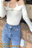 Yipinpay Halter Top Sueter Mujer Pullover Crop Y2k Spring Slash Neck Pullover Blue Sweaters Women's Clothing Off Shoulder Knitted