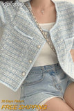 Yipinpay Femininas O Neck Short Sleeve Blue Tweed Jacket Cropped Cardigan Tops Suit Summer Plaid Shirt Women Casual Coat Korean
