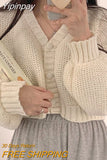 Yipinpay Knitted Cardigan Sweet Korean V Neck Lantern Sleeve Sweaters for Women Fall Wild Simple Cropped Pink Cardigan Coat